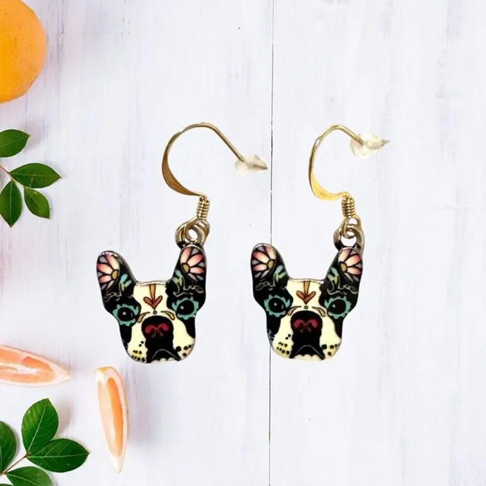 Indio Jewelry Enamel French Bull Dog Stainless Steel Gold Earrings #2309